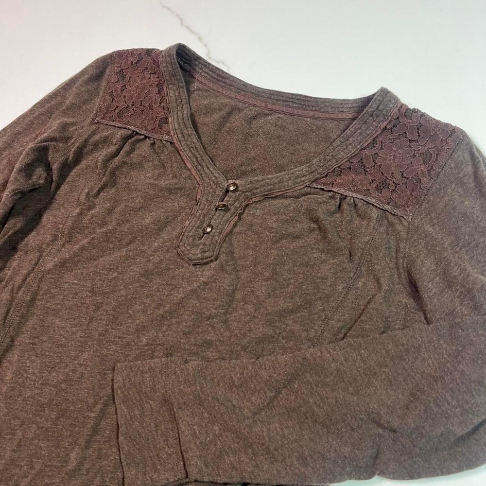 Unbranded Lace Shoulder Henley Top Womens Brown Long Sleeve Knit Shirt